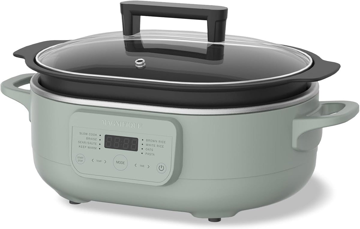 6 Quart Slow Cooker, with 8-in-1 Multi-Cooker, Casserole Programmable crock pot, Dutch Oven, Pasta, Nonstick, Oven Safe Pot to 500°F, Olive