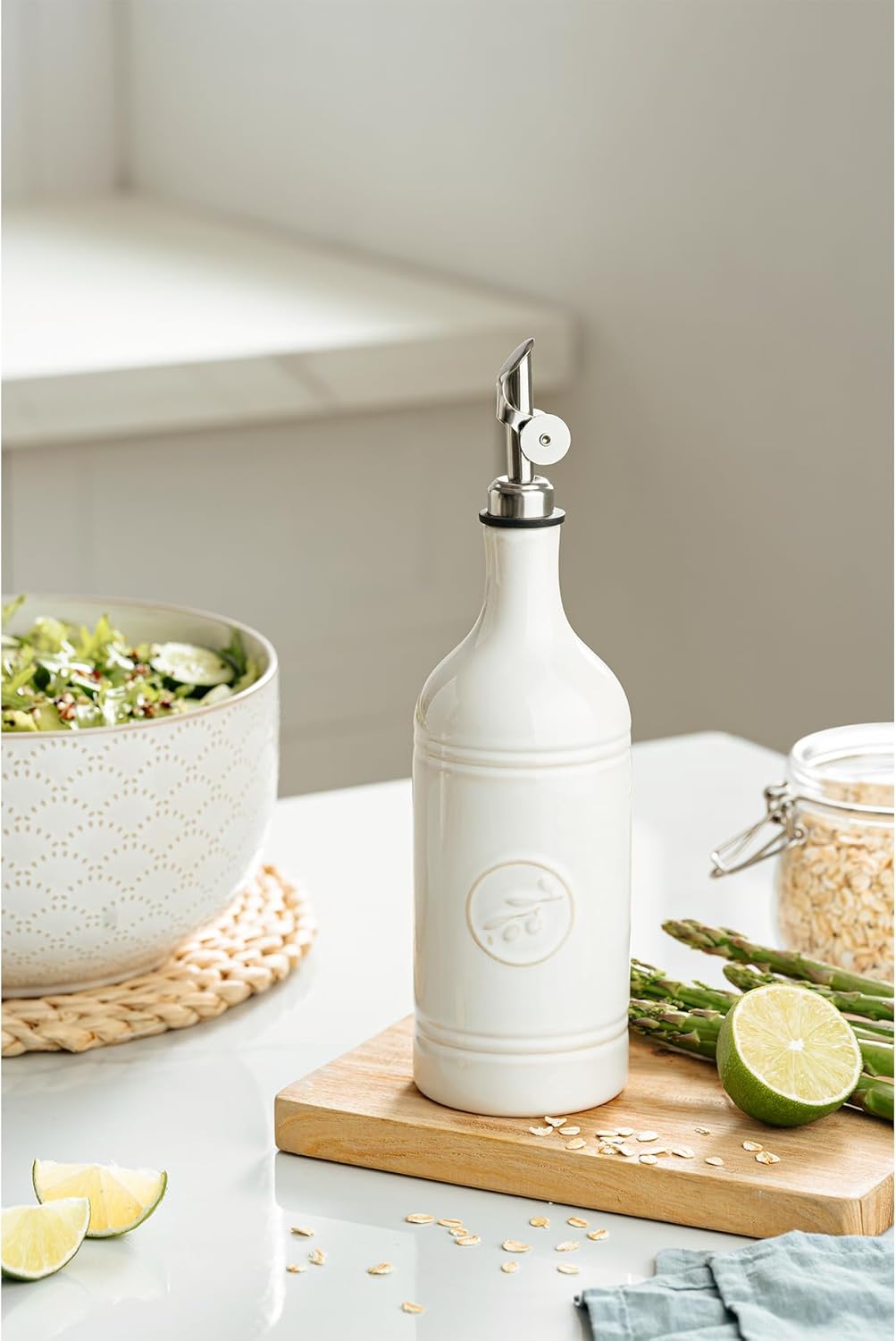 Olive Oil Dispenser Bottle with Spout, 18 oz Ceramic Oil Dispensers for Kitchen, Opaque Cruet, EVOO & Vinegar Bottle with Automatic Stainless Steel Pourer, Pack of 1