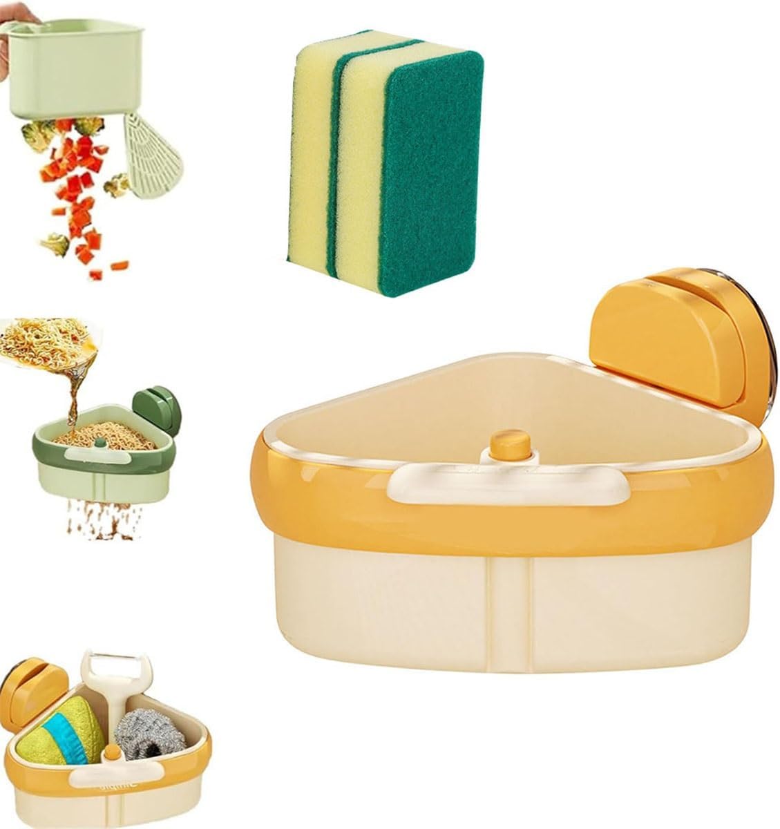 Suction Cup Sink Corner Rack, Triangular Sinks Basket Shelf with Suction Cup Sucker, Plastic Sink Storage Rack Holder, Trash Catcher, Corner Hanging, for Kitchen Bathroom Dishware(Yellow)