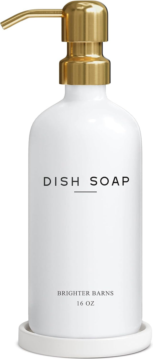 Luxury Glass Dish Soap Dispenser for Kitchen Sink by Brighter Barns - Modern Kitchen Soap Dispenser Set - Refillable Glass Pump Bottle and Tray - White and Gold Home Decor and Accessories, Gift (Gold)