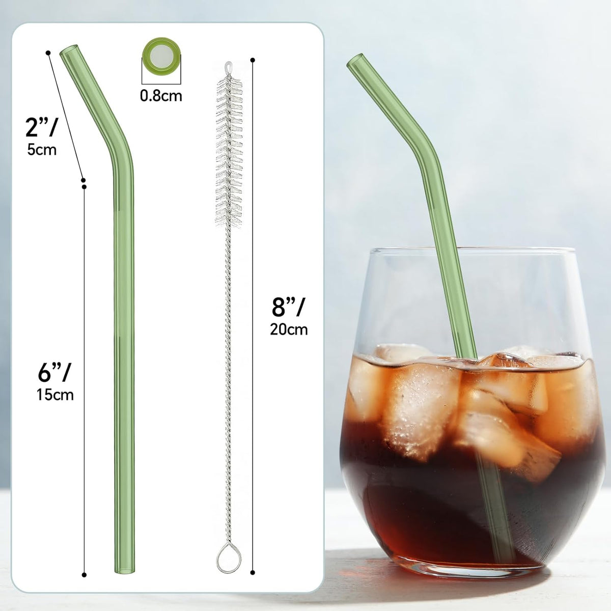12 Pcs Reusable Glass Straws 8"x 8 mm Bent Glass Drinking Straws with Cleaning Brush for Tea, Smoothies, Milkshakes, Juices,Beverages(aqua)