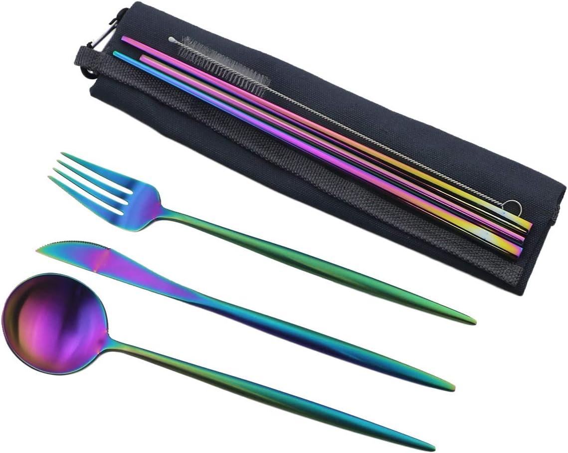 Gugrida Reusable Travel Utensils, 7 Piece Portable 304 Stainless Steel including Knife Fork Spoon Chopsticks Cleaning Brush Straws Portable Pouch, Eco-friendly Camping Silverware Set, Dishwasher Safe