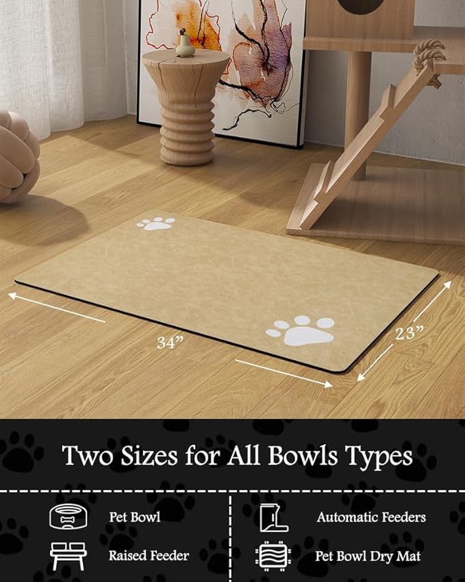 Pet Feeding Mat-Absorbent Dog Mat for Food and Water Bowl-No Stains Quick Dry Water Dispenser Mat-Dog Accessories Pet Supplies-Bowl for Messy Drinkers（Beige,23"x34"
