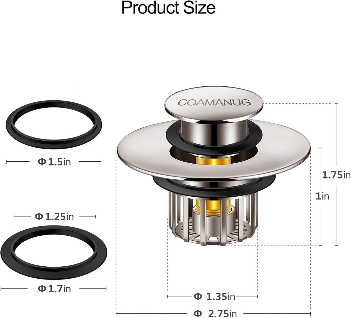Bathtub Stopper | Pop-up Tub Stopper with Strainer, Shower Drain Hair Catcher | Bathroom Drain Plug | Drain Protector for 1-1/2 to 1-3/4" Bath Drain Hole