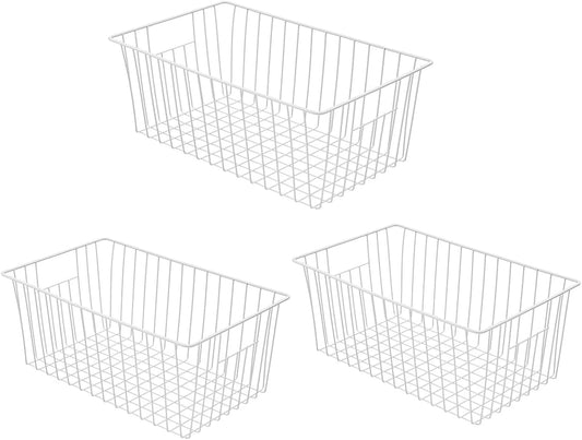 16Lx12Wx6H inch Wider Freezer Organizer Baskets Container, Refrigerator Metal Wire Storage Bins with Handles for Kitchen, Pantry, Cabinet, Closets - Pearl White(3 Packs)
