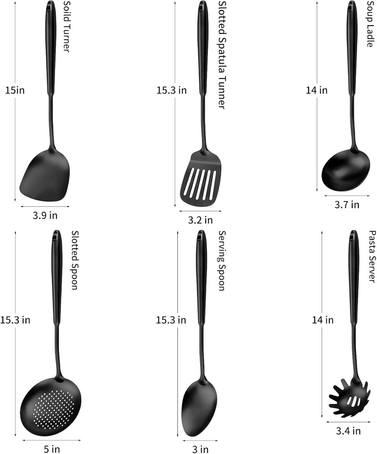 304 Stainless Steel Cooking Utensils,6 Pcs Kitchen Cooking Utensils Set with Spatula, Solid Spoon, Ladle, Skimmer, Spaghetti Spoon,Dishwasher Safe(Black)