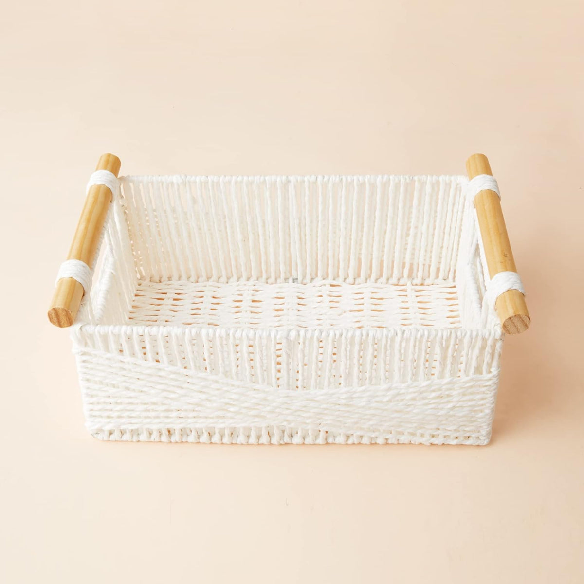 LA JOLIE MUSE Wicker Storage Baskets for Organizing, Recyclable Paper Rope Basket with Wood Handles, Decorative Hand Woven Basket Organizers for Makeup Books Shelves Living Room, White, Set of 2