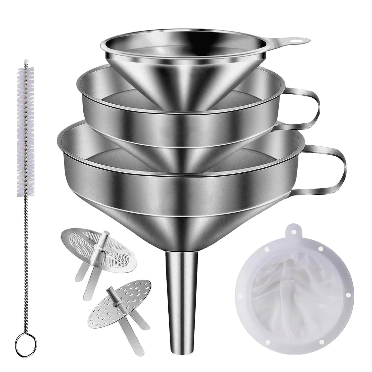Stainless Steel Funnels for Kitchen use,3PCS Large Kitchen Metal Funnel with 2 Removable Strainer,Cleaning Brush,200 Mesh Food Filter,Funnel for Filling Bottles,for Transferring of Liquid,Oils,Jam