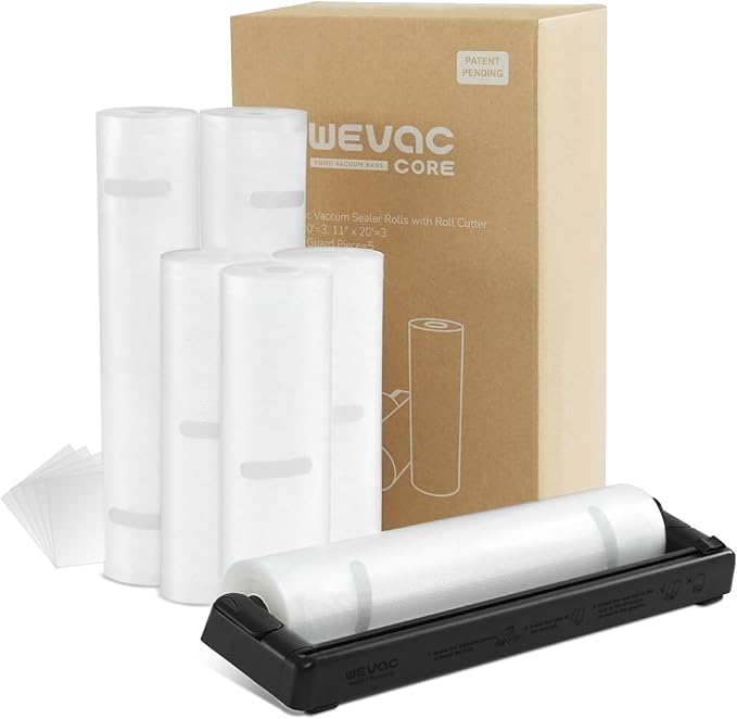 Rolls with Dispenser - 6 Pack 3 Rolls 11"x20' & 3 Rolls 8"x20', Vacuum Sealer Bags, Leakproof Heavy Duty Food Storage for Sous Vide, Meal Prep, Freezer, Compatible with Food Saver, Wevac Core