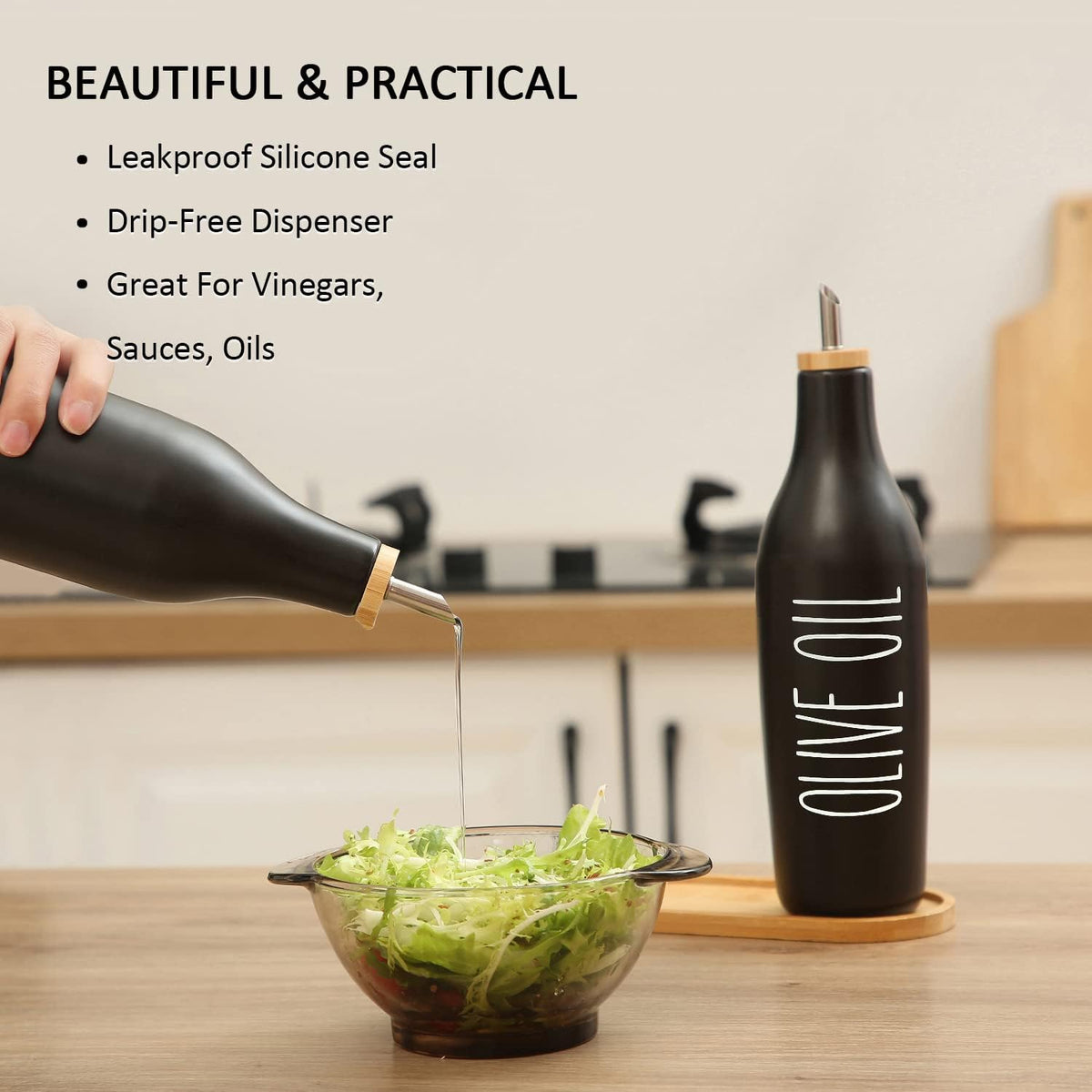 HOMCDALY Ceramic Olive Oil Dispenser for Kitchen, Stoneware 16oz Oil Cruet and Vinegar Bottles Dispenser, Kitchen Dispenser Bottle for EVOO Vinegar Syrups, Modern Farmhouse Design(B-O)