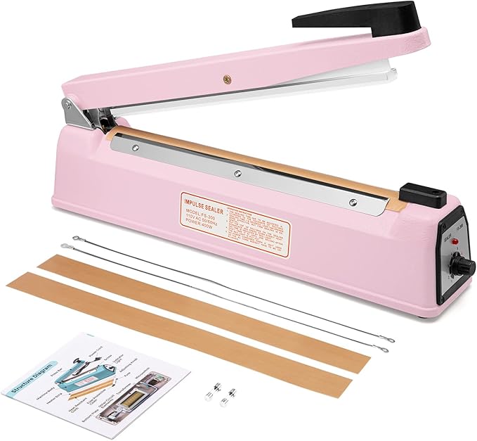 METRONIC Impulse Sealer 12 inch, Manual Heat Sealer Machine for Plastic Bags, Shrink Wrap Bag Sealers Heavy Duty Sealing Machine with Repair Kit (Pink)