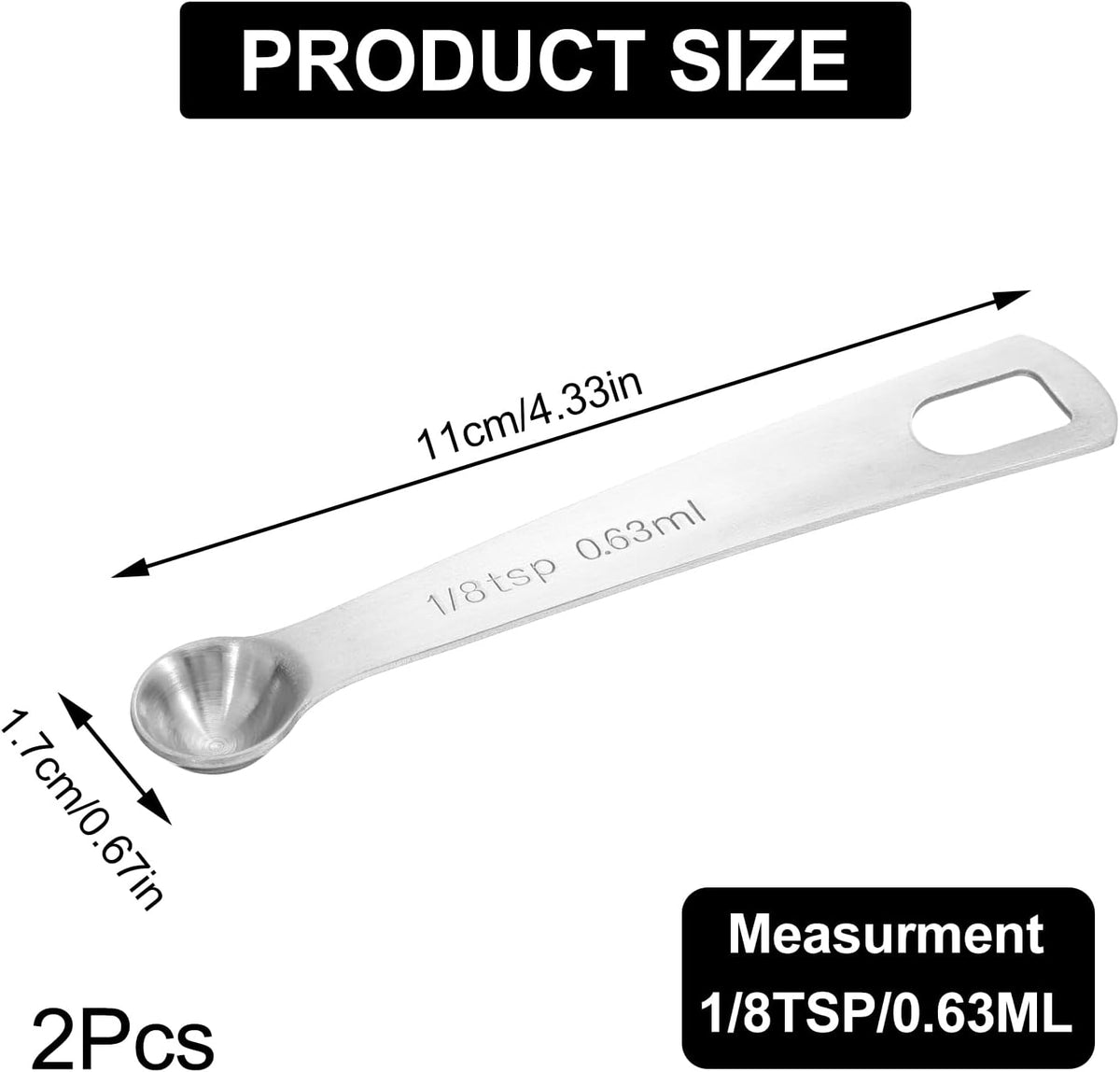 2 Pcs 1/8tsp Measuring Spoon (1/24 Tbsp | 0.63 ml | 0.63 cc) Steel Mini Spoons with Hanging Hole Individual Measure Scoop Only for Kitchen Cooking Spoon(Silver)