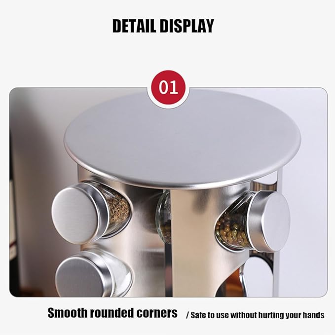 Spice Rack, Spice Rack Organizers for Countertop, Rotating Countertop Spice Rack, Revolving Spice Rack for Kitchen, Kitchen Gadgets, Organizer Rack with Spice Jars (Silver, RoundHead_16Jars)