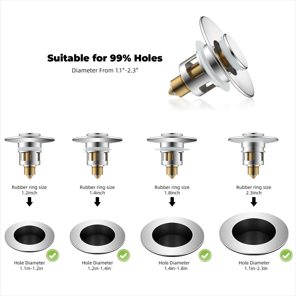 Hibbent 2 Pack All Metal Universal Bathroom Sink Stopper for 1.1''~2.3'' Basin, Pop Up Sink Drain Strainer, Brass Bullet Core Push Type Stopper, Stainless Steel Anti Clogging Drain Filter, Chrome