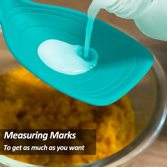 Large Silicone Cooking Spoon, Non-Stick Solid Spoon with Deep Blow and Measurement Mark for Mixing, Serving, Draining, Scooping, Scraping, Heat Resistant Kitchen Utensils, Teal
