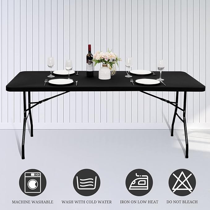 10 Pack Stretch Fabric Table Top Cap Cover, fits 6' Tables, Spandex Table Covers Washable Elastic Universal Rectangle Tablecloth Protector for Indoor Outdoor Party Picnic Wedding, Black, 30" W x 72" L