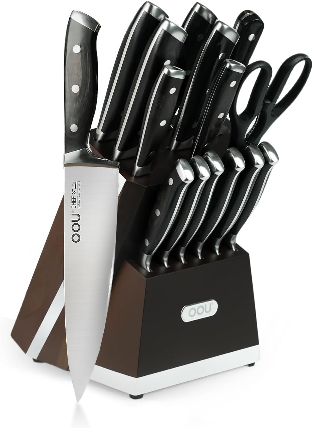 OOU 15-Piece Kitchen Knife Set with Block, German Stainless Steel Knife Blcok Set with Sharpening Rod, Ergonomic Wood Handle, Premium Cutlery Set with Steak Knives