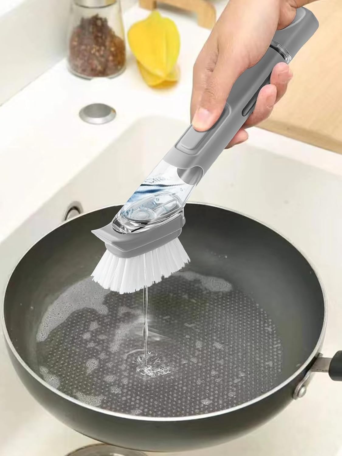 SetSail Dish Brush, Dish Cleaning Brush with Stainless Steel Handle and Replace Head Kitchen Dish Scrub Brush with Soap Dispenser for Pot Sink Pan Cleaning, Grey