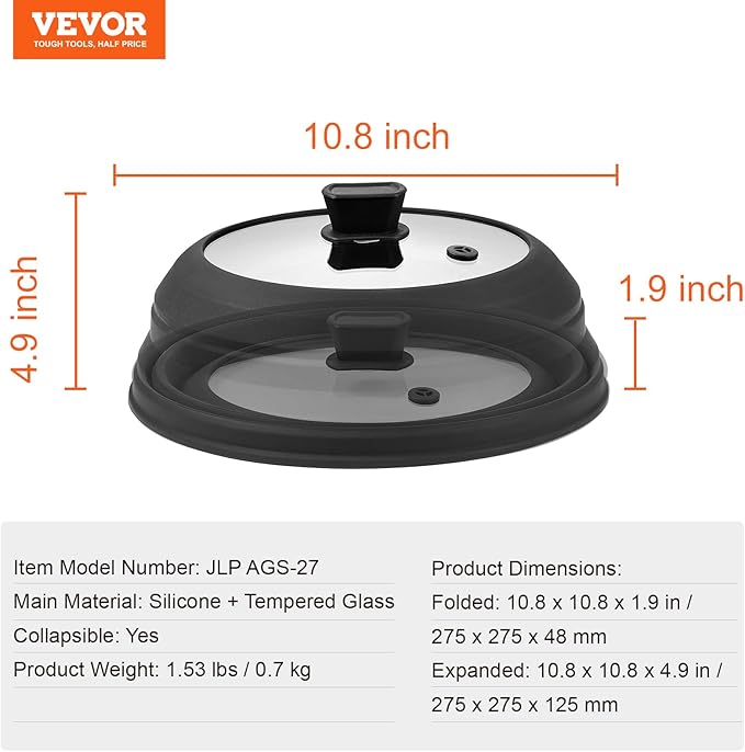 VEVOR Microwave Splatter Cover & Mat, 10.8" Collapsible Microwave Lid for Food, 500°F Heat-Resistant Silicone & Tempered Glass Splatter Guard for Plate Dish, Multi-Purpose Kitchen Gadget with Handle