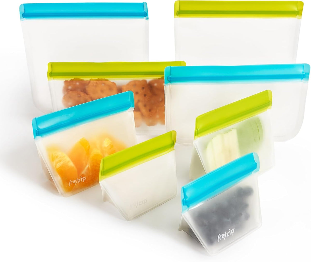 (re) zip 8-Piece Deluxe Bundle Reusable Storage Bags | BPA-Free, Food Grade, Leakproof, Freezer and Dishwasher Safe (Green, Aqua)
