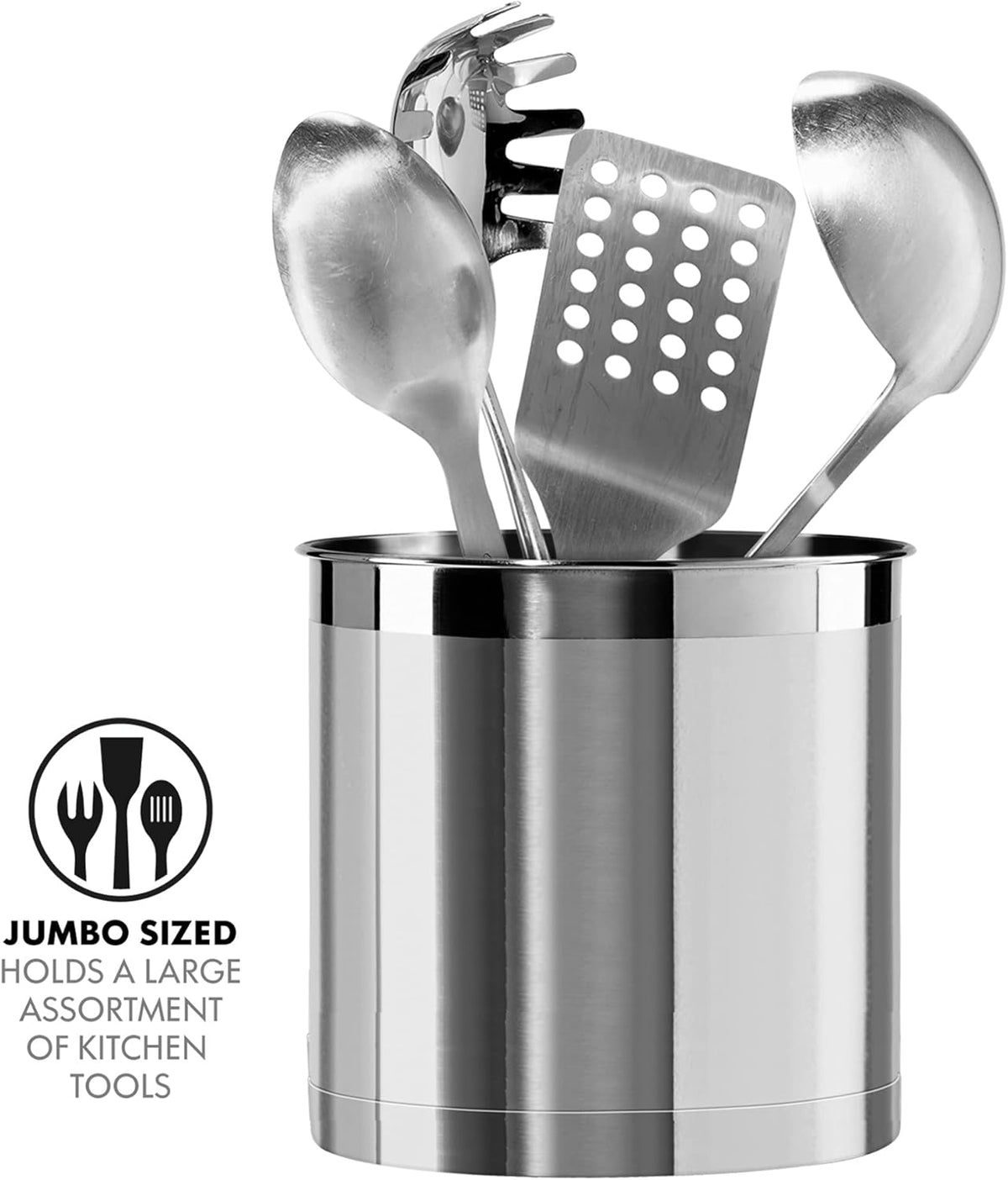 Oggi Stainless Steel Jumbo Utensil Holder - 7" Utensil Caddy, Weighted Base for Stability - Extra Large Utensil Crock and Countertop Utensil Organizer, Stainless Steel