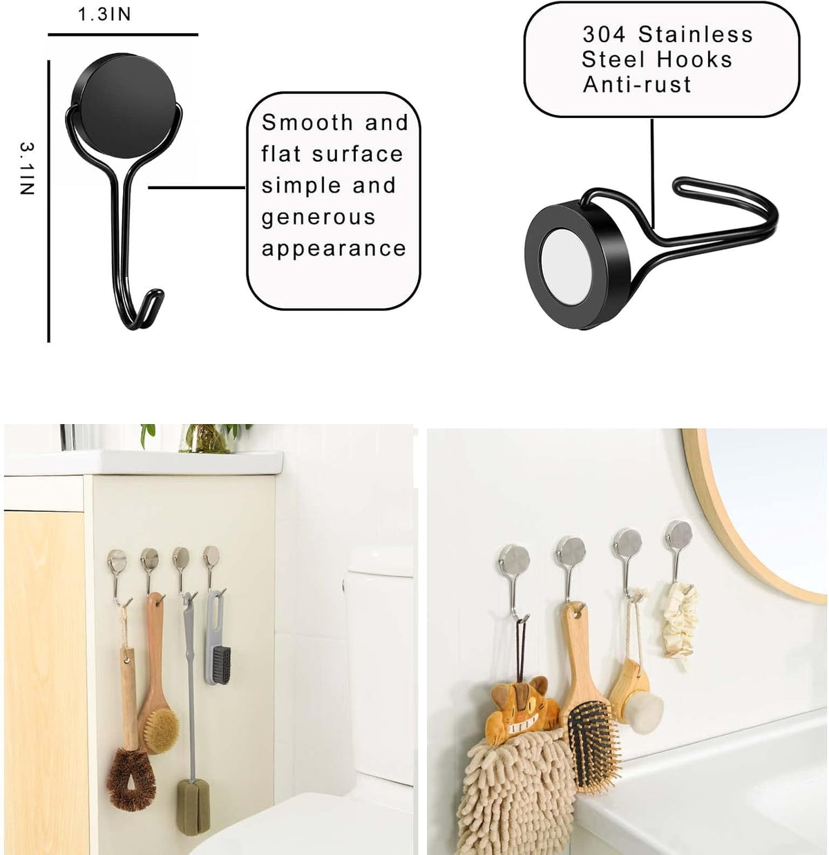 Magnetic Hooks,Heavy Duty 304 Stainless Steel Magnet Hooks for Cruise Refrigerator Grill,Strong Magnet with Hooks for Home Kitchen,Garage Toolbox Key Holder,4pack （Black,1.3in-1 40Lbs）