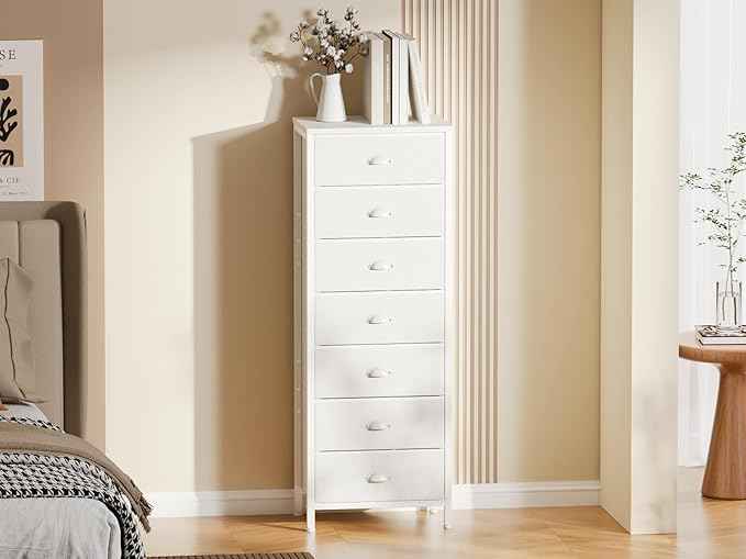Furnulem White Tall Dresser for Bedroom with 7 Drawers, Vertical Chest of Drawer in Closet, Nightstand Storage Tower Unit Organizer with Fabric Bins for Dorm,Living Room,Entryway,Hallyway