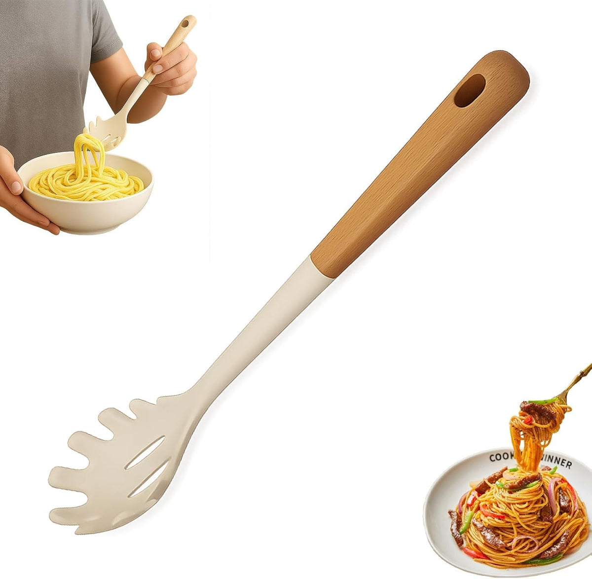Silicone Pasta Spoon with Teeth Silicone Pasta Fork Wooden Handle Pasta Server & Spaghetti Scoop for Home Chefs, Pasta Enthusiasts