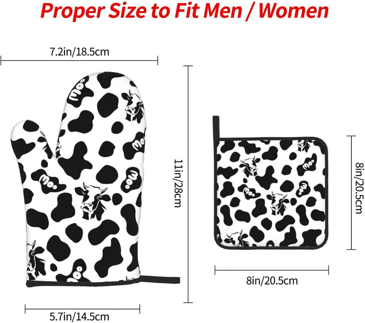 Cow Print Oven Mitts and Pot Holders Sets Heat Resistant for Kitchen BBQ Microwave Baking Grilling Cooks Set of 3 Black White Kitchen Oven Glove