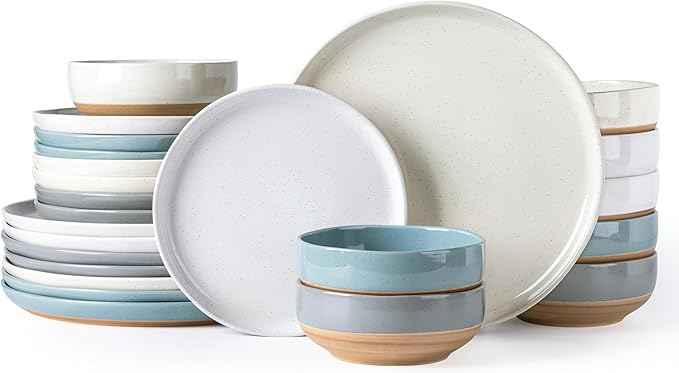 AmorArc Ceramic Dinnerware Sets for 8, 24 Pieces Handpainted Plates and Bowls Set with Rustic Terracotta Underside, Scratch Resistant Stoneware Dishes Set, Dishwasher & Microwave Safe, Multi-Color