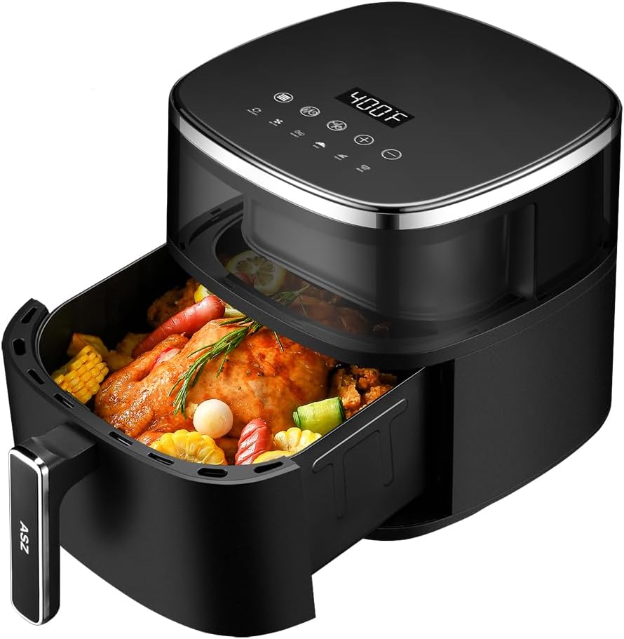 ASZ Digital Air Fryer 6 qt with Window Up - Big Airfryer 6 Presets Preheat Airfry Reheat Bake Roist Broil 400°F Airfrier 85% Oil Less,Nonstick Dishwasher-Safe Parts, Automatic Shutoff