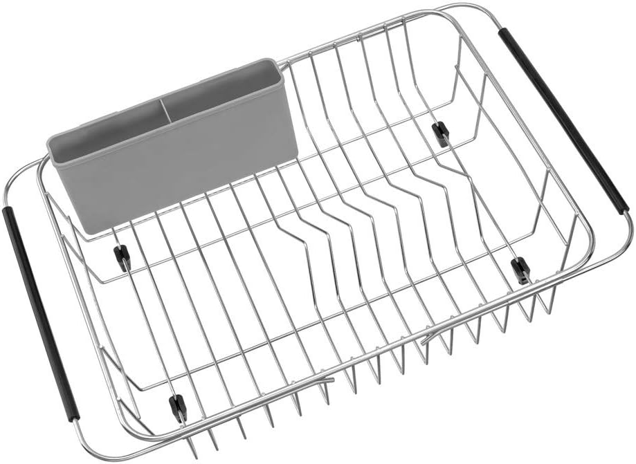 SANNO Expandable Dish Drying Rack,Dish Drainer,Dish Plate Holder Basket in Sink or On Counter with Utensil Silverware Storage Holder, Over The Sink,Rustproof Stainless Steel