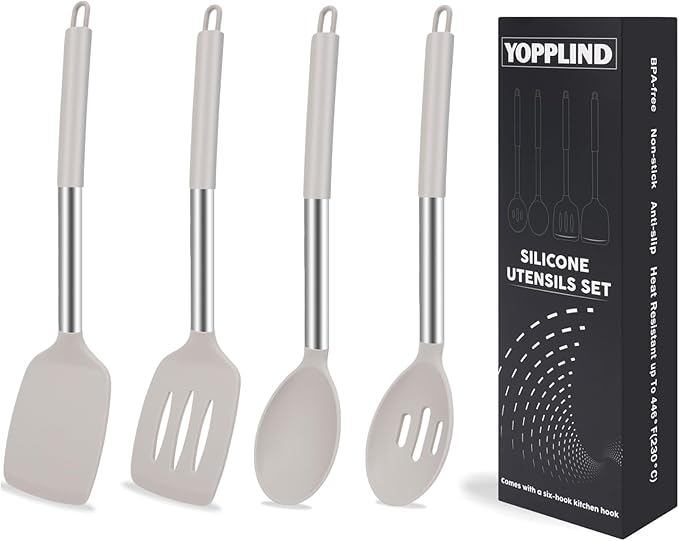 5-Piece Silicone Kitchen Tool Set, BPA-Free, Heat-Resistant, Non-Stick & Dishwasher-Safe, with Slotted/Solid Spoons & Spatulas for Frying, Mixing, Draining – Includes Multi-Purpose Serving Hook(Khaki)