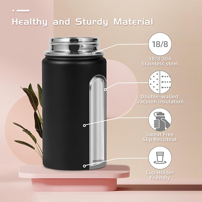 Volhoply 14oz KIds Insulated Stainless Stee Water Bottle with Straw Lid and Silicone Boot,BPA-Free Easy Use for Boys&Girls,Double Wall VacuumLeakproof Bottles(Black,1)
