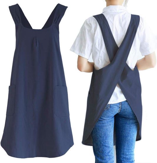 NEWGEM Japanese Linen Cross Back Cooking Aprons for Women Men with Pockets Cute for Baking Kitchen