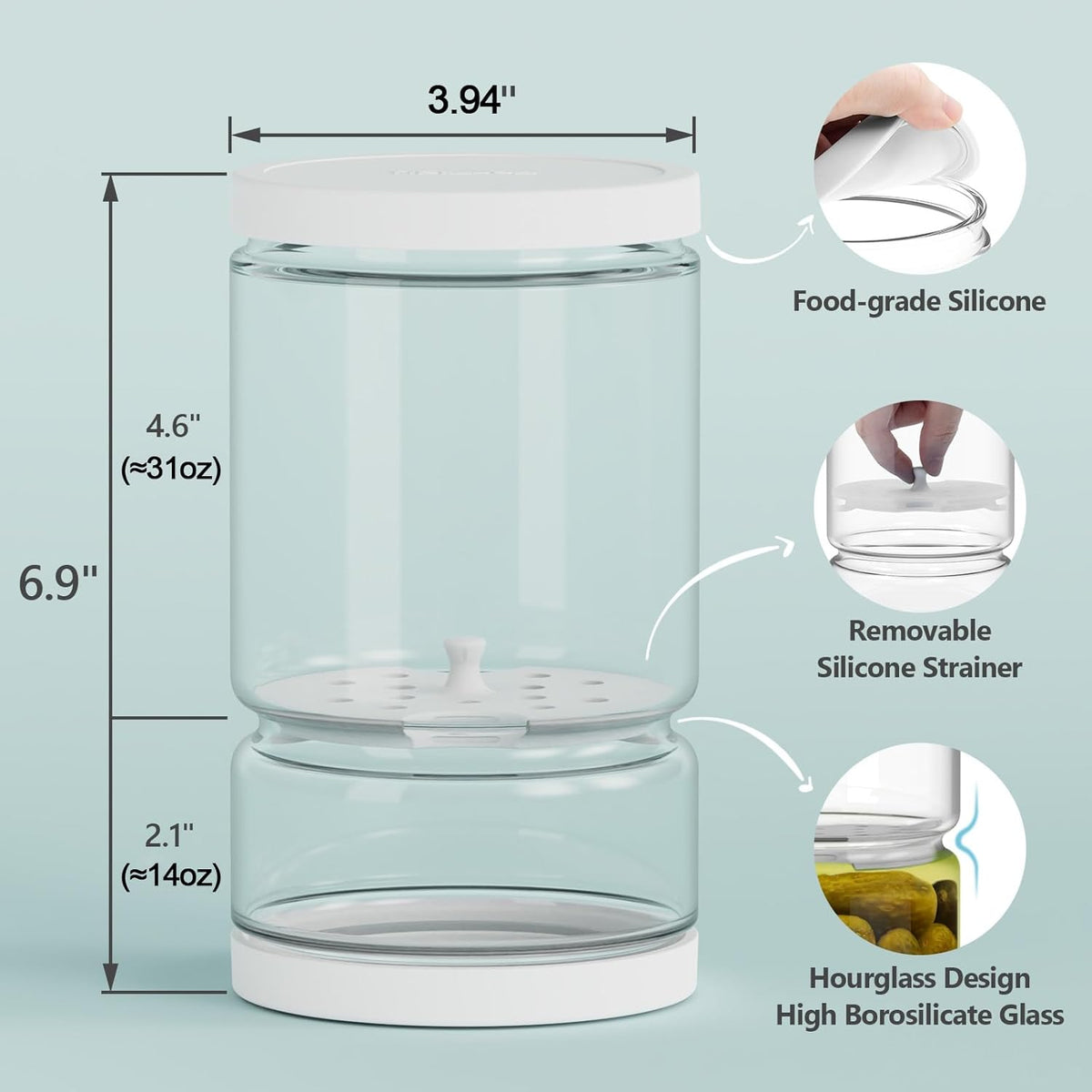 Glass Pickle Jar with Strainer for Pickle Lover - 45 Oz Leakproof and Airtight Juice Separator for Olive, Gherkin, Chilli, BPA Free, Dishwasher and Refrigerator Safe (White&Blue, 45oz*2pcs)