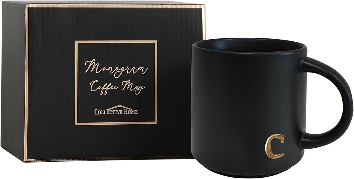 COLLECTIVE HOME - Black Monogram Ceramic Mugs, 15 oz Golden Initial Coffee Cups, Elegant Alphabet Tea Mugs, Personalized Halloween Mug with Gift Box, Perfect for Office and Home Décor (c)