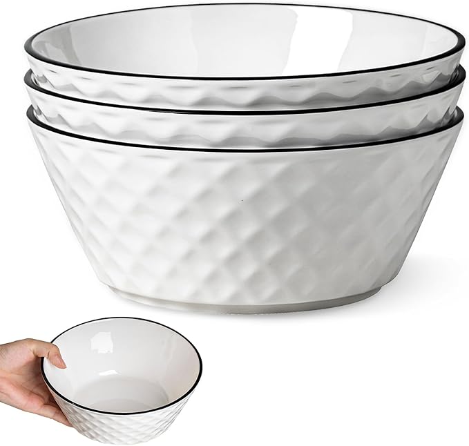 Yeacccng Ceramic Soup Bowls Set of 3, 46oz Deep Soup Bowls, Scratch-Resistant, Lead-Free, 8 inch Diamond Pattern Soup Bowl for Oatmeal,Salad,Pasta,Soups,Dessert,Fruits, Dishwasher & Microwave Safe