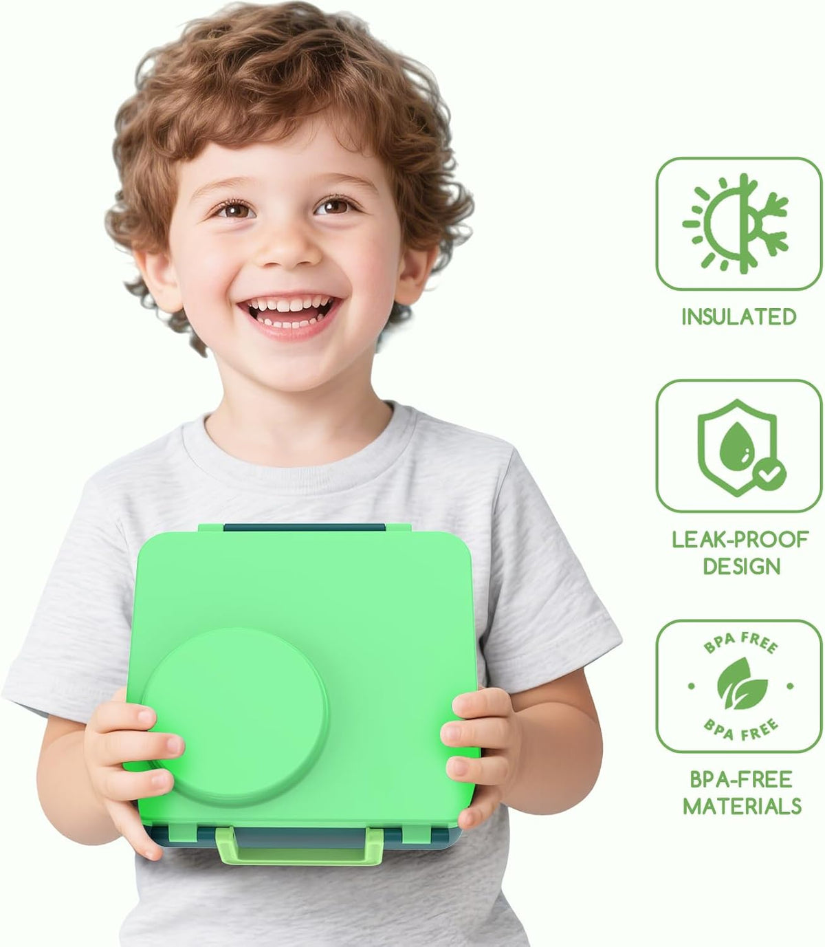 Bento Box for Kids - Leak-Proof Lunch Box with Insulated Thermos Food Jar - 4 Compartments, 1 Removable Divider, 1Spoon, 1 Fork - Dishwasher Safe, BPA-Free (Green)