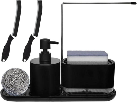 Kitchen Soap Dispenser Set with Sink Caddy-Hand and Dish Soap Dispenser with Sponge,Crevice Cleaning Brush,stailess Steel Scrubber, Sponge and discloth Holder 5-in-1 Organizer Set (Black)