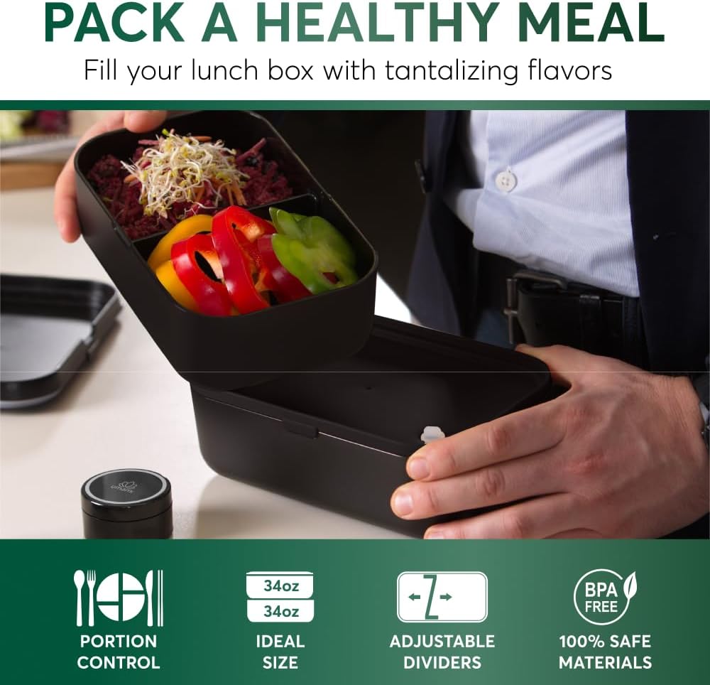 Umami Bento Box Adult All-In-1 w/4 Utensils, 2 Sauce Jars, 2 Dividers, 100% Leakproof, Microwave & Dishwasher Safe, Stackable Lunch Containers for Men/Women, Matte Black & Marble, 68 oz
