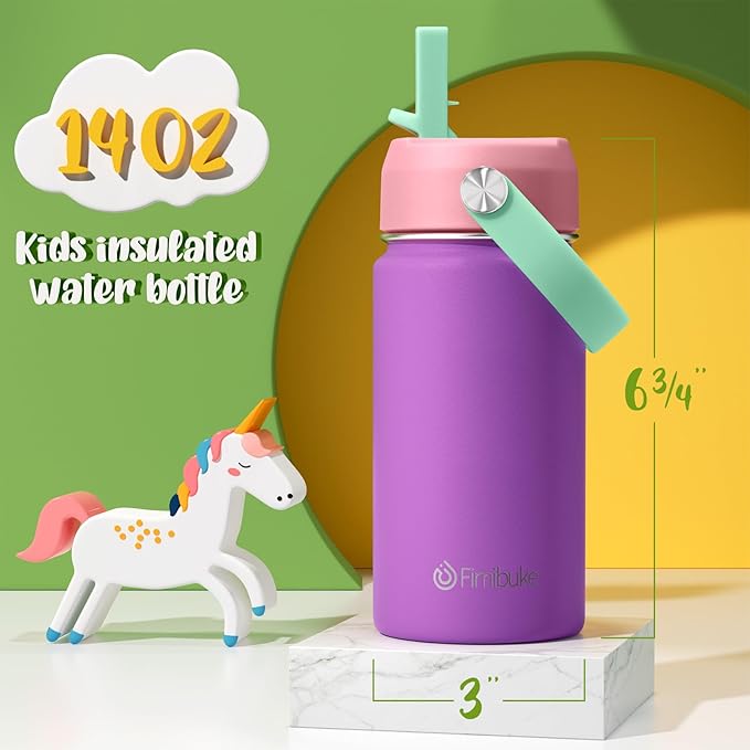 Fimibuke Kids Insulated Water Bottle, 14oz BPA FREE 18/8 Stainless Steel Travel Tumbler Double Wall Vacuum Leak Proof Kids Cup with Straw Metal Water Bottle for School Boys Girls(1 Pack, Amethyst)