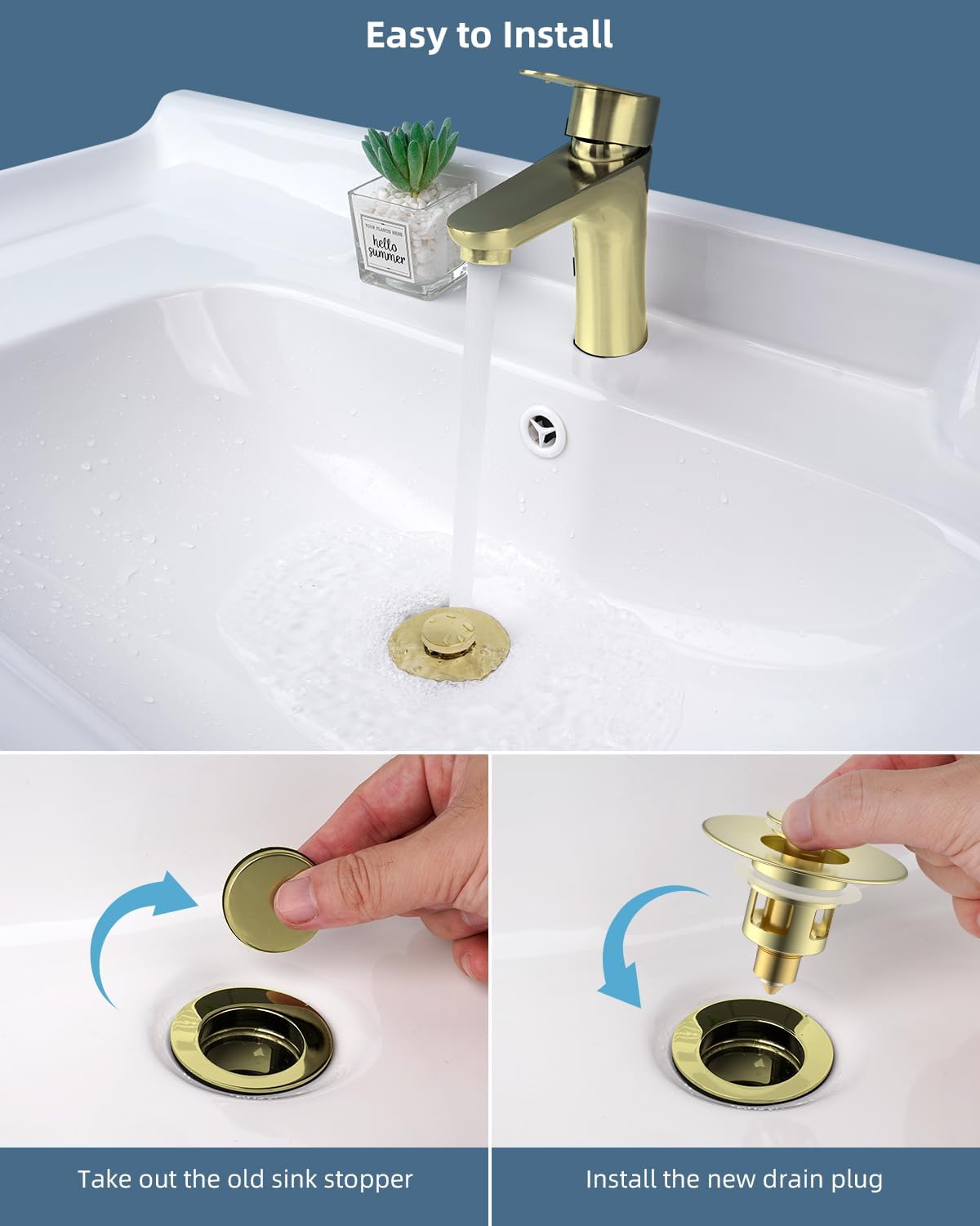 Hibbent 2 Pack All Metal Universal Bathroom Sink Stopper for 1.1''~2.3'' Basin, Pop Up Sink Drain Strainer, Brass Core Push Type Stopper, Stainless Steel Anti Clogging Drain Filter, Brushed Gold