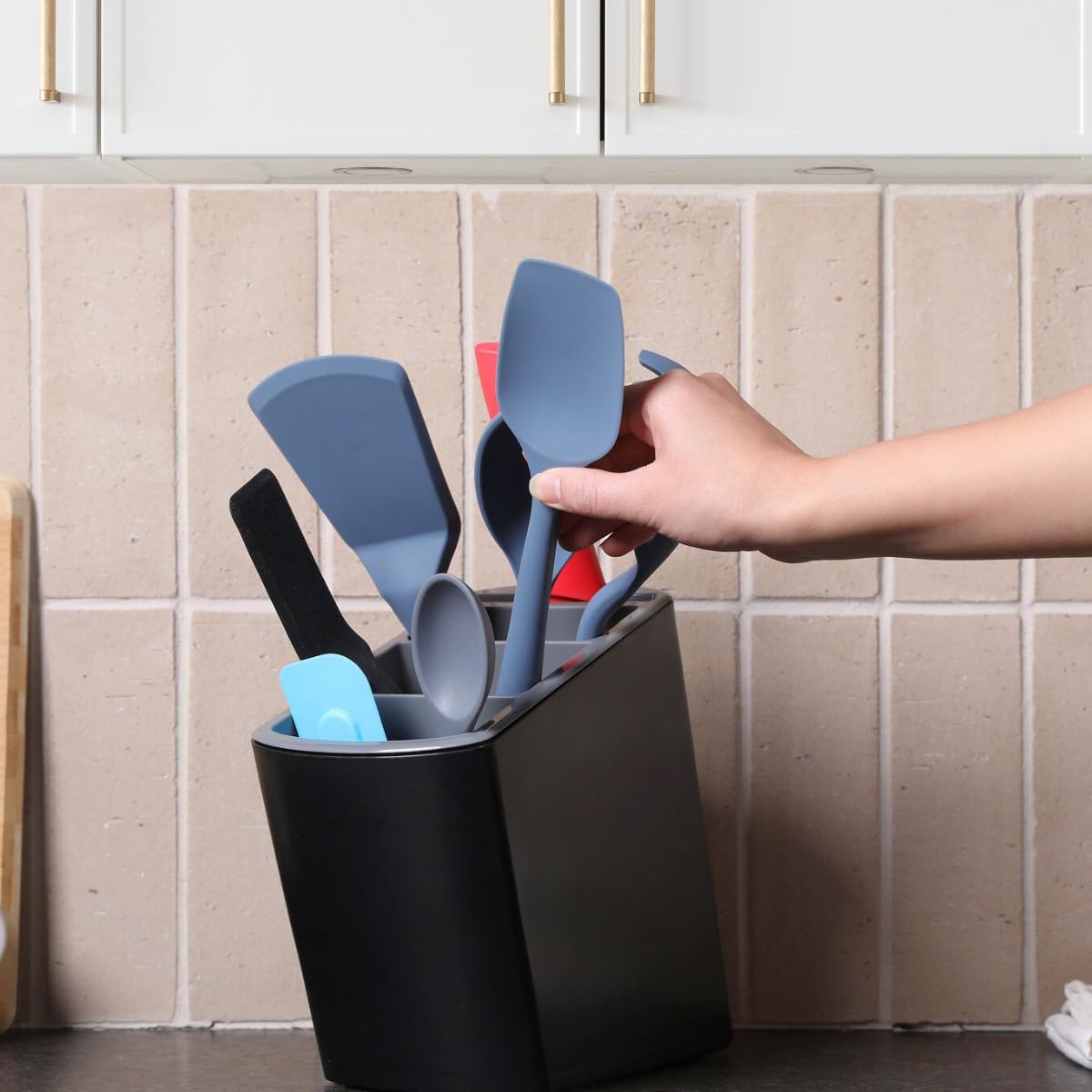 Angled Utensil Holder for Countertop | Modern Utensil Caddy Fits All Size Utensils with Knife Holder | Under Cabinet Kitchen Tool Organizer | Space-Saving Cooking Utensil Holder | Built-in Spoon Rest