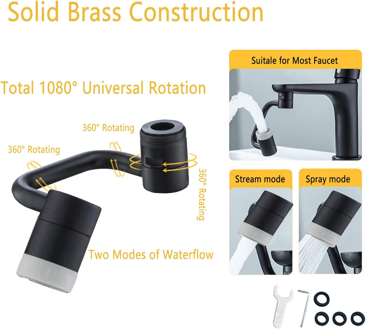 1080° Rotating Faucet Extender Aerator,Solid Brass Universal Splash Filter Faucet, Big Angle Swivel Faucet Aerator Sink Attachment,Dual-function 2-Flow Sprayer,Matte Black…