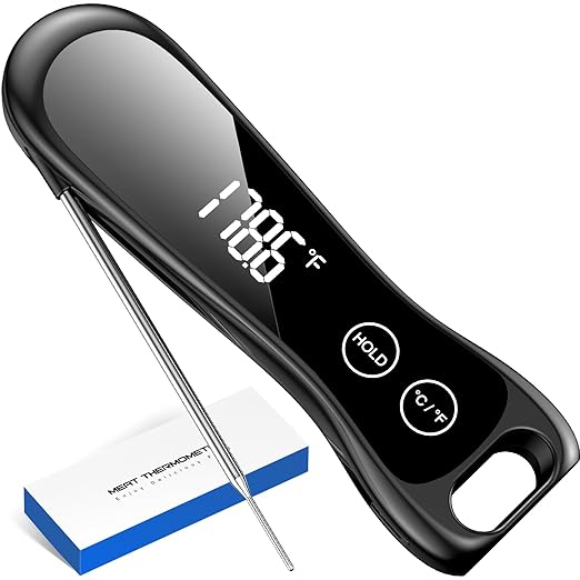 Digital Meat Thermometer 180° Rotate Temp Probe 1 Sec Instant Read Thermometer for Cooking IP67 LED Screen Waterproof Thermometer for Kitchen, BBQ, Fry, Grill, Candy