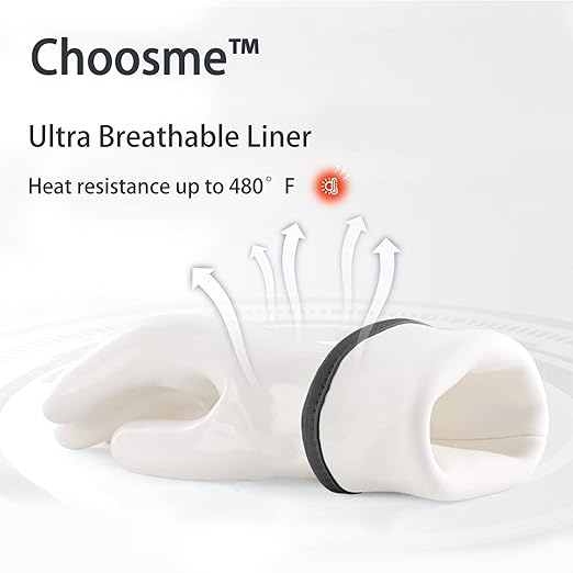 Oven Gloves Liquid Silicone Gloves Food Grade Heat Resistant Mitts with Fingers, for Cooking Baking Grilling Waterproof, with Nylon Liner, White, Large