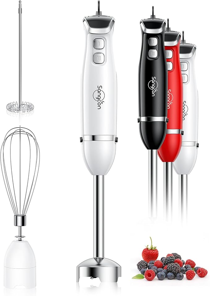 Sangcon Immersion Blender Handheld, 3-in-1 Hand Blender Electric, 400W Handheld Blender, Stainless Steel Blade Stick Blender with Whisk, Milk Frother Attachments - White