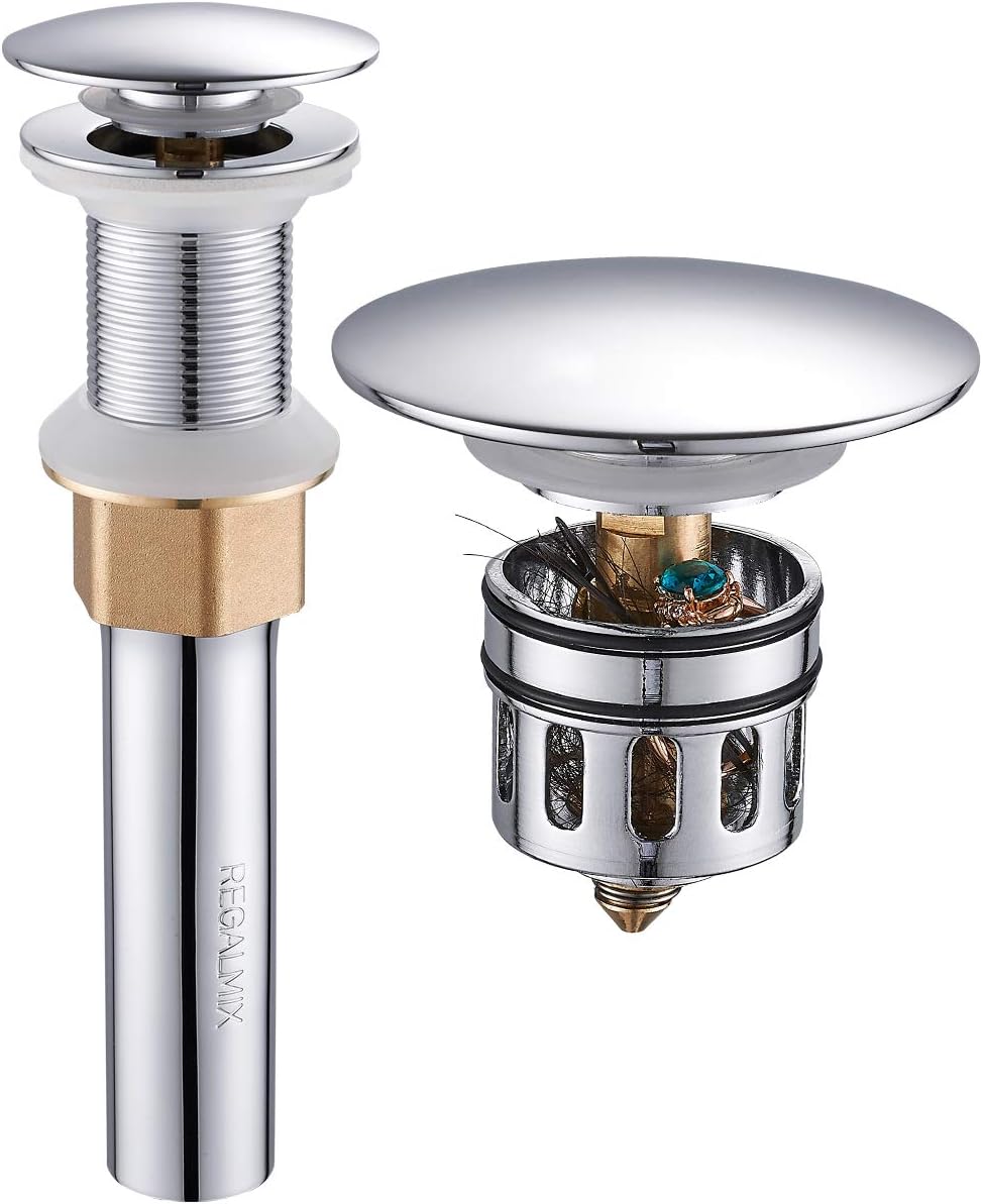 Bathroom Sink Drain, Vessel Sink Pop Up Drain with Detachable Basket Stopper,Anti-Explosion and Anti-Clogging Drain Strainer, Sink Drain Assembly Without Overflow Polished Chrome, REGALMIX RWF082A
