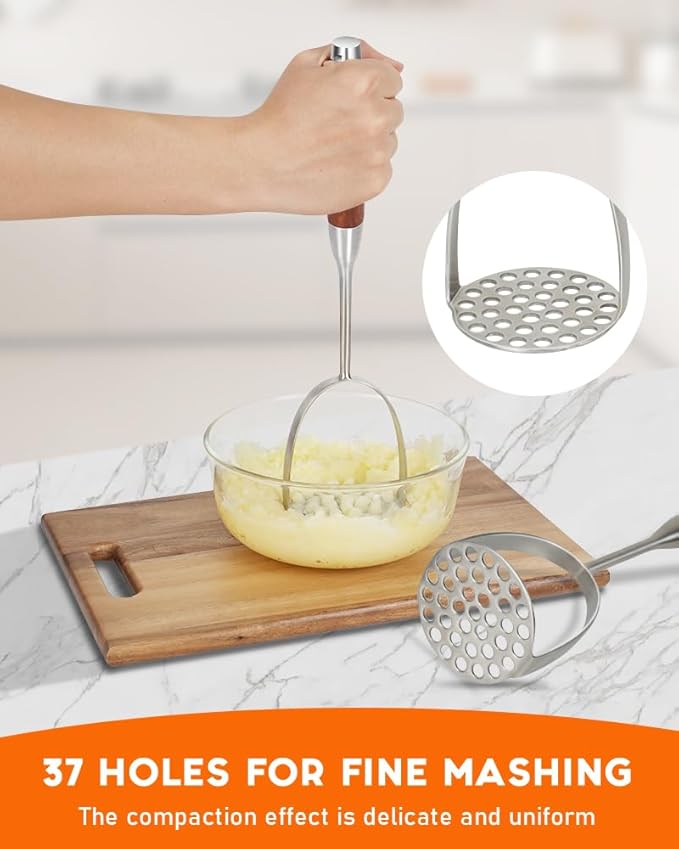 Brigii Potato Masher with Non-Slip Wooden Handle, Dual Arc for Easy, Labor-Saving Mashing, 304 Stainless Steel, Sturdy and Durable One-Piece Potato Press, Dishwasher Safe, for Potatoes and More